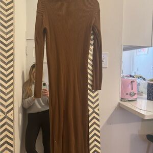 Brown Ribbed Long Sleeve Dress